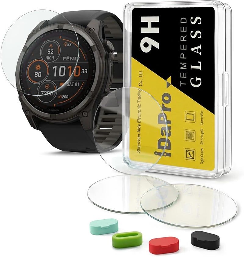 iDaPro [4+4 Pack Screen Protector for Garmin Fenix 8-51mm AMOLED with Silicone Anti-dust Plugs, 9H Tempered Glass Protection Kit in Reusable Storage Case, Anti-Scratch,Bubble-Free,Easy Installation - Image 1